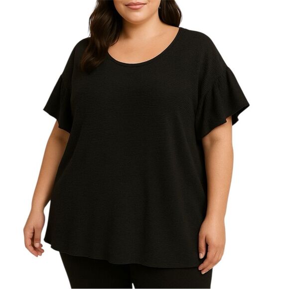 EVRI Black Relaxed Ruffled Short Sleeve T-Shirt - Picture 1 of 8